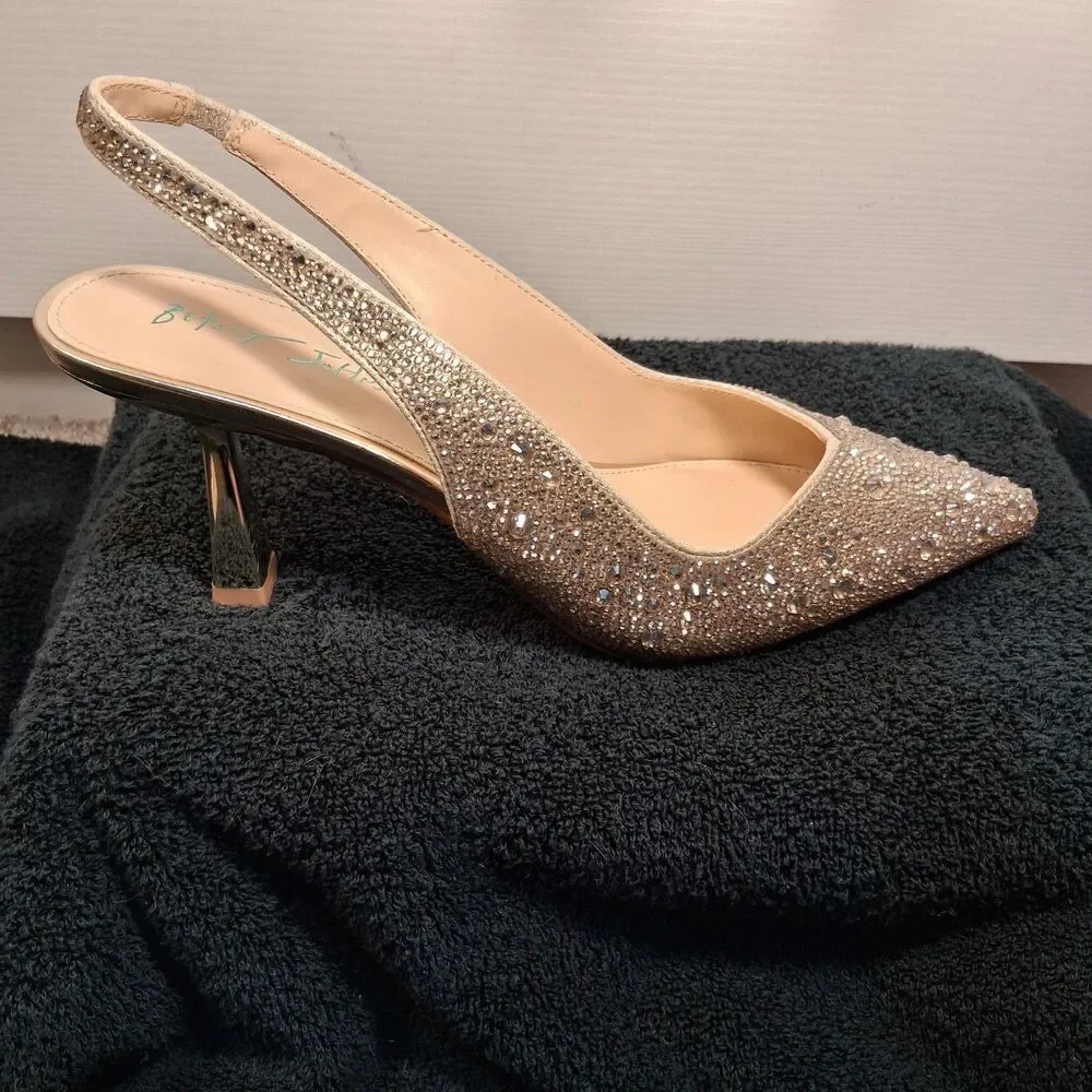 Betsey Johnson Clark Gold Rhinestone Curved Kitten Heels Size 8.5 Wide Glam - Picture 10 of 13
